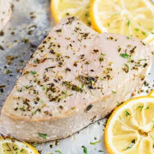Closeup on the baked tuna steaks before serving.